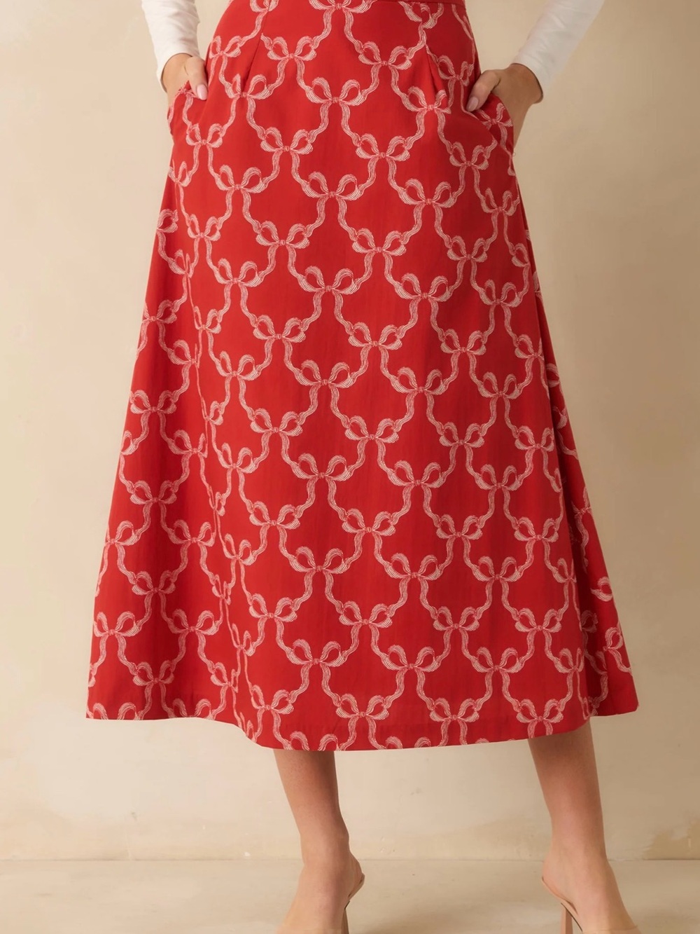 Prosperina Red Cotton Bow Patterned A-Line Midi Skirt